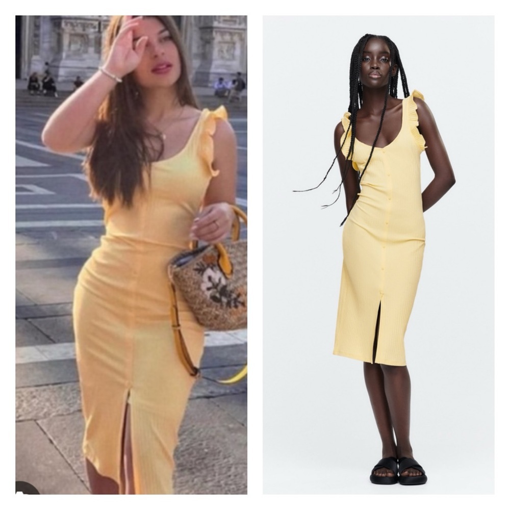 ZARA Pastel Yellow Knit Ruffle Sleeve Button Front Bodycon Midi Dress Large Sexy